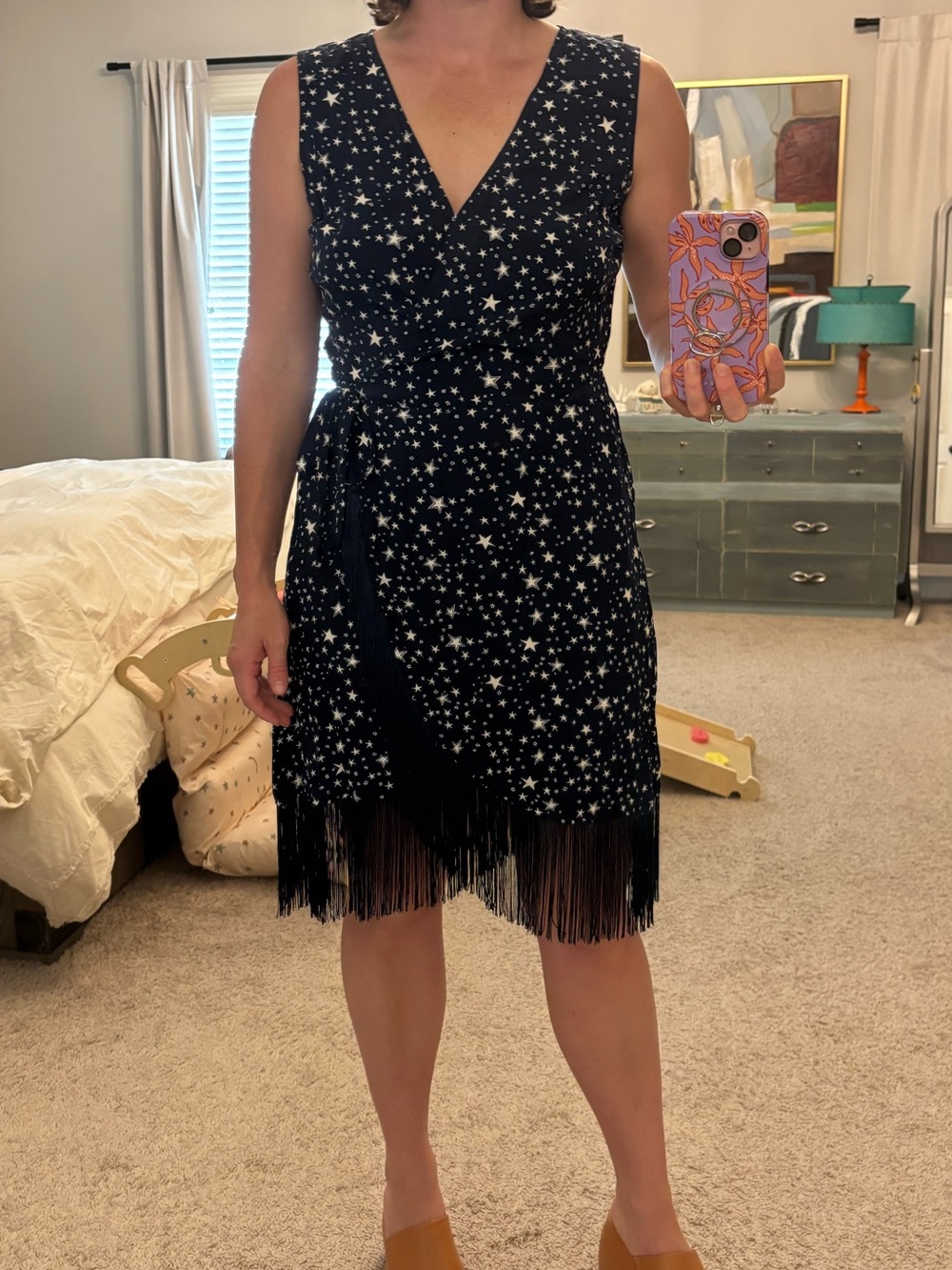 Idyllwind Navy Star Print Fringe Wrap Dress